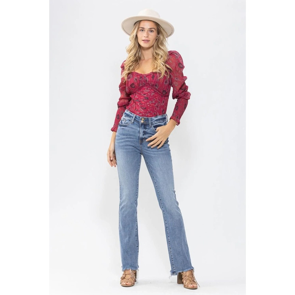 Judy Blue Jeans Womens 15/32 High Rise Bootcut Stretch Raw Hem Blue Denim Trendy